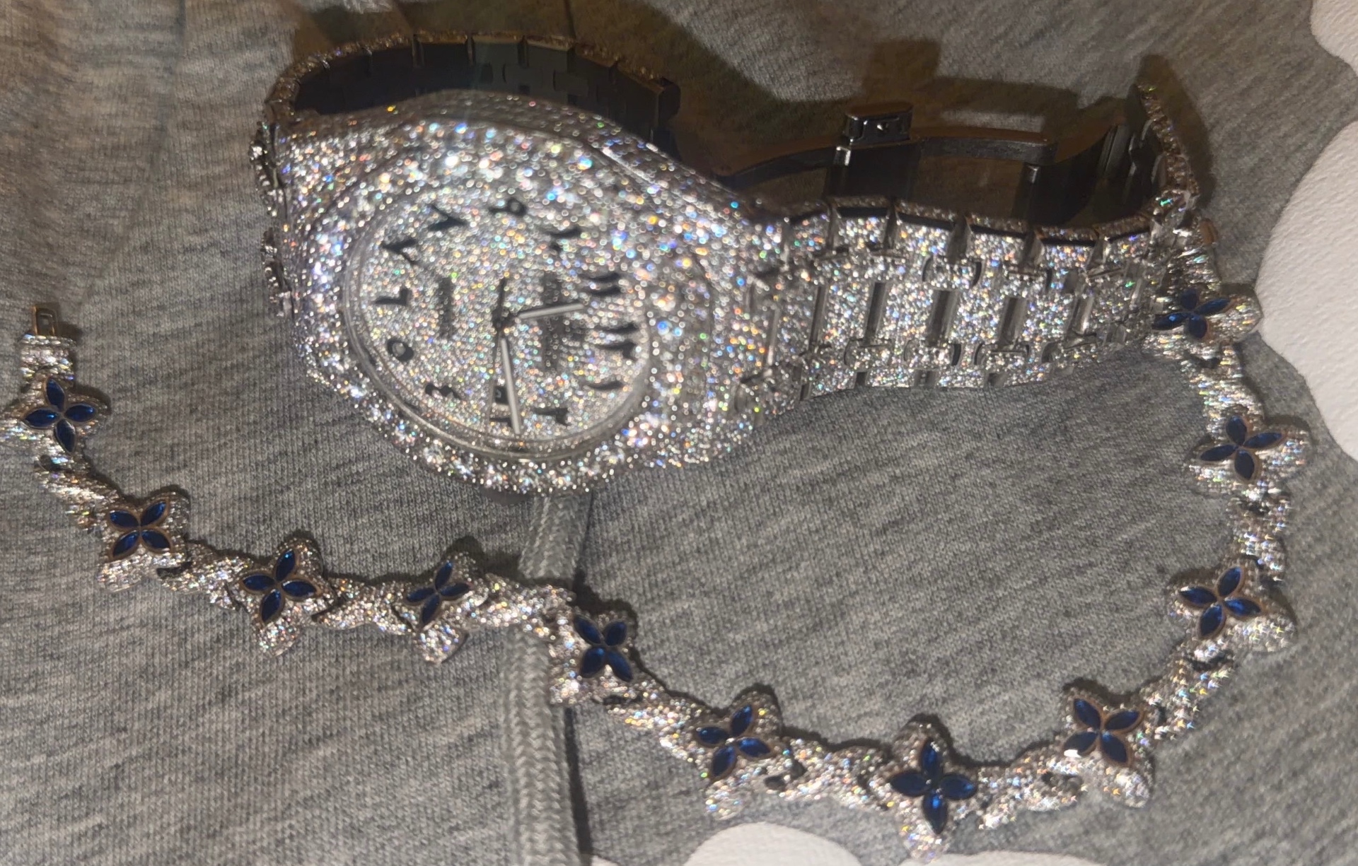 Moissanite watch and blue-accented chain from the moissanite vendor vault